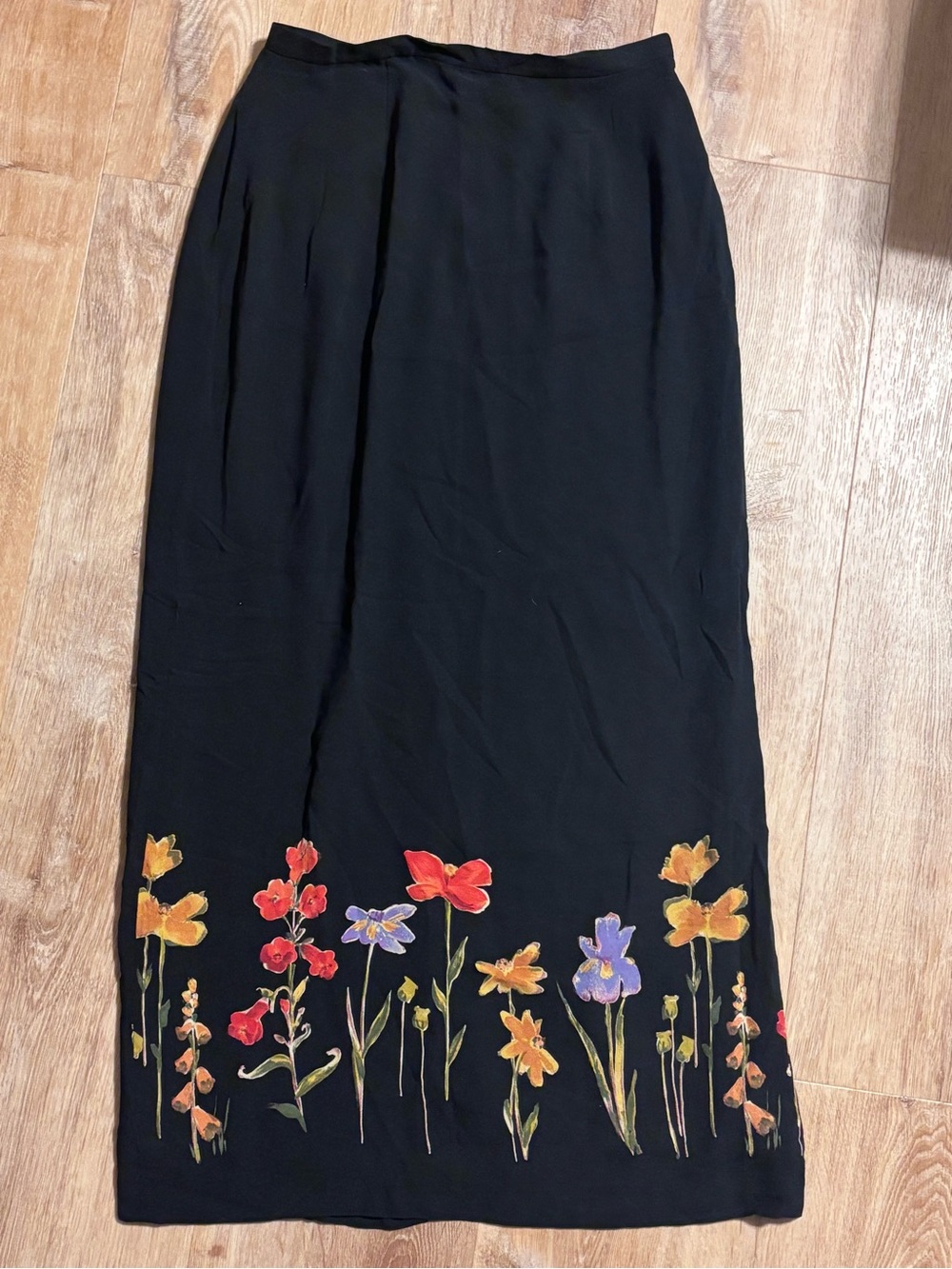 Whimsigoth Vintage 100% silk grunge chic Womens Black Floral Maxi Skirt Sz 8 - Picture 6 of 14